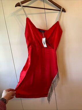 CBR Red Satin Mini Dress with Silver Fringe Straps women’s small